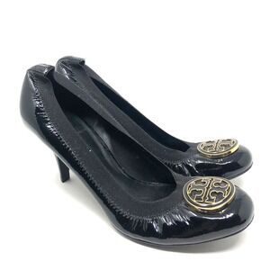 Tory Burch Caroline Heels Womens 8.5 Black Patent Leather Stacked Heel Round Toe